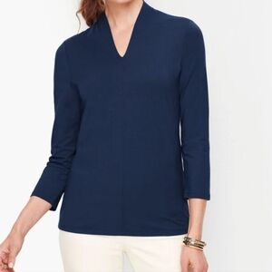 Talbots Platinum Jersey High Neck Top Size XL Black V Neck